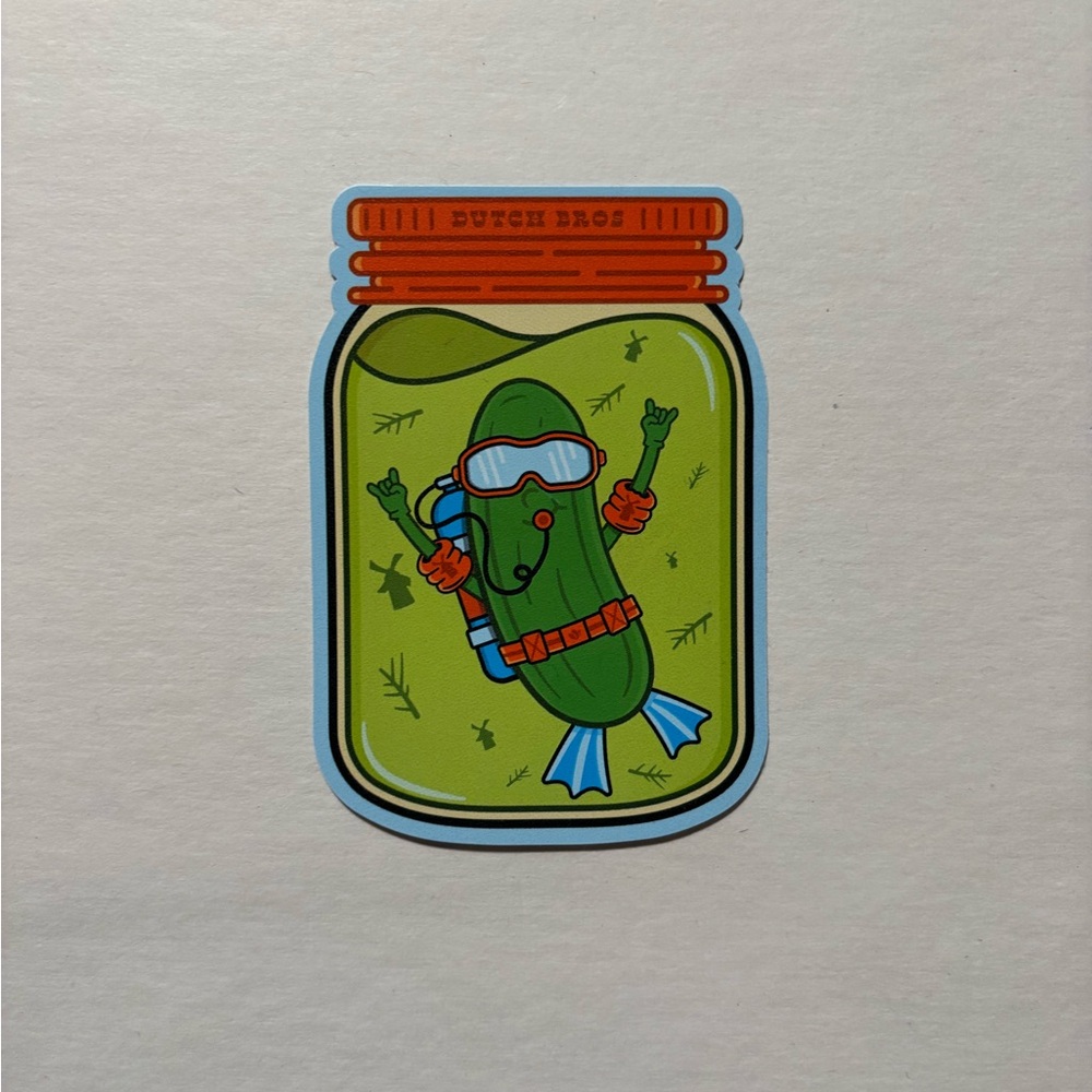 Dutch Bros Scuba Pickle Sticker with Green and Orange
